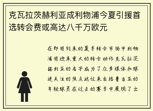 克瓦拉茨赫利亚成利物浦今夏引援首选转会费或高达八千万欧元