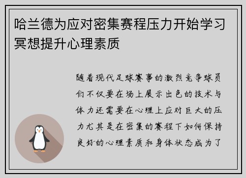 哈兰德为应对密集赛程压力开始学习冥想提升心理素质